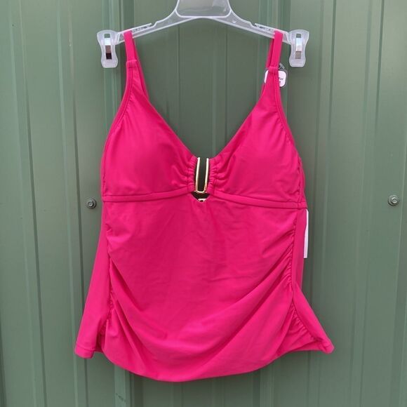 Women's Solid Fuchsia U-Ring Tankini Swim Top Swimsuit Bathing Suit Size S - Picture 1 of 5